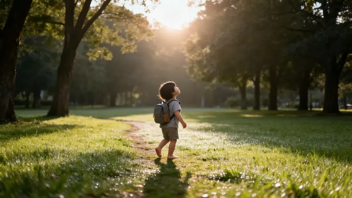 A young child with a backpack walks barefoot on a dewy path in a sunny park, looking up.