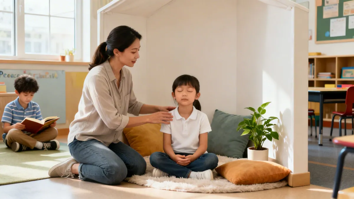 A young girl meditates with a supportive teacher in a calm classroom setting, while a boy reads.