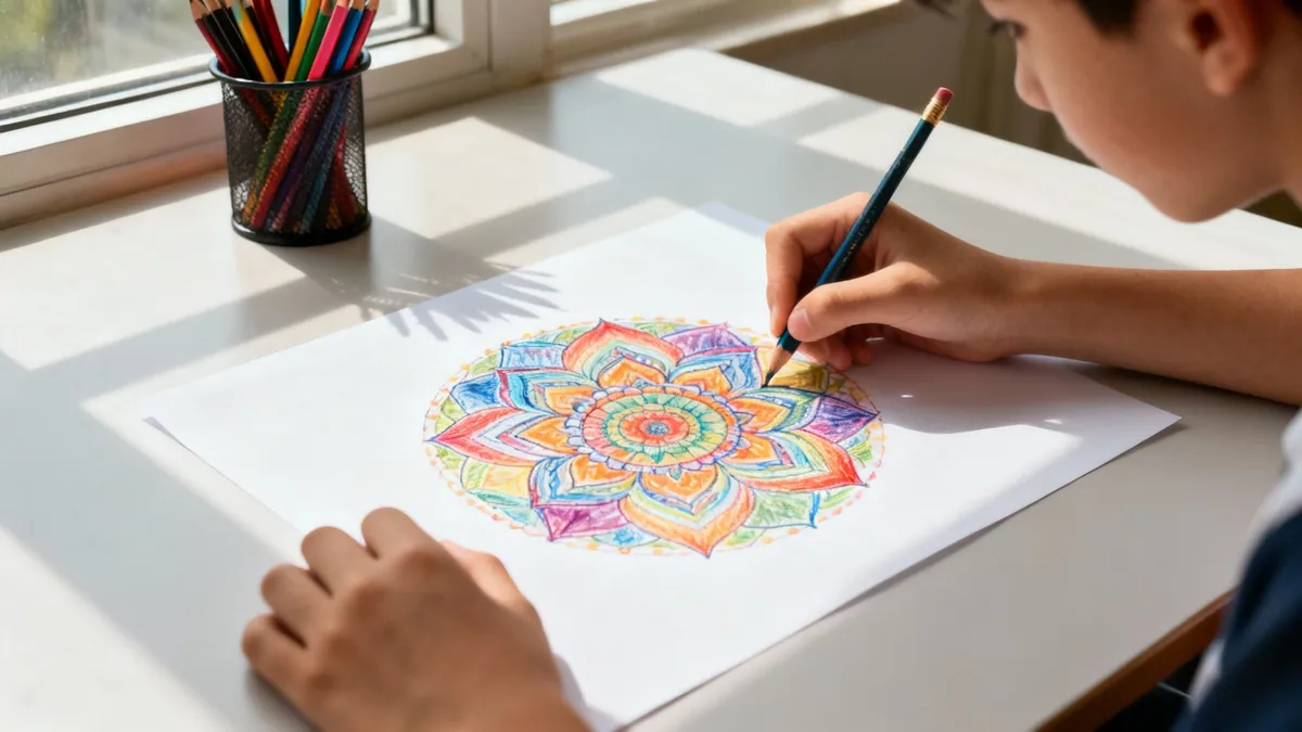 A young person coloring a vibrant mandala design with a pencil on a desk near a window.