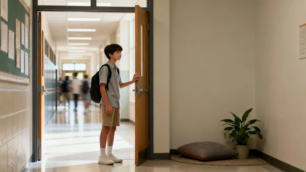A young student with a backpack stands at an open classroom door, looking down a busy school hallway.