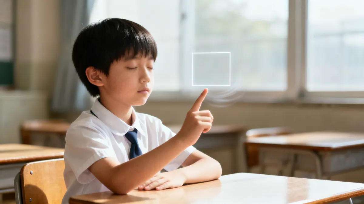 A young student with closed eyes points at a glowing virtual square, practicing mindfulness or self-soothing.