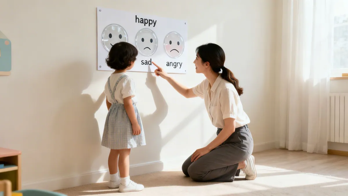 An adult and a child learning about emotions using a feelings chart on the wall.