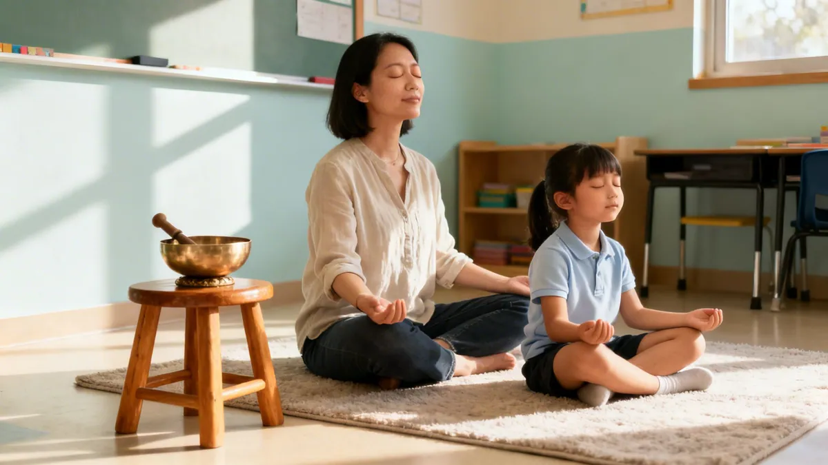 An adult and child meditate with closed eyes in a classroom, a singing bowl nearby.