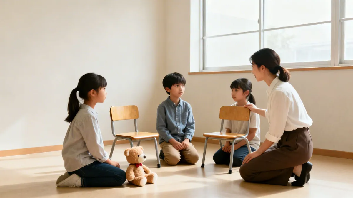 An adult facilitator engaging with three young children and a teddy bear in a bright room.