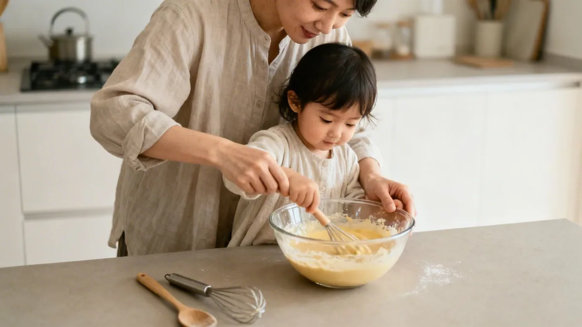 An adult helps a young child whisk batter in a glass bowl on a kitchen counter.