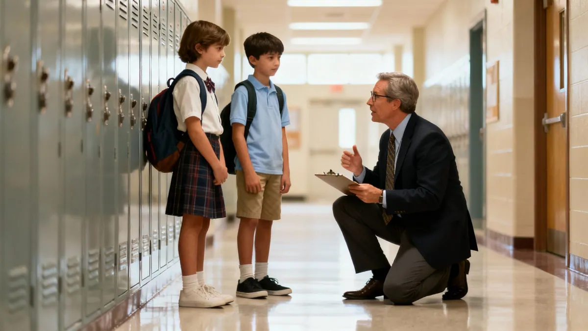 An adult male school administrator kneels to speak with two young students in a school hallway near lockers.