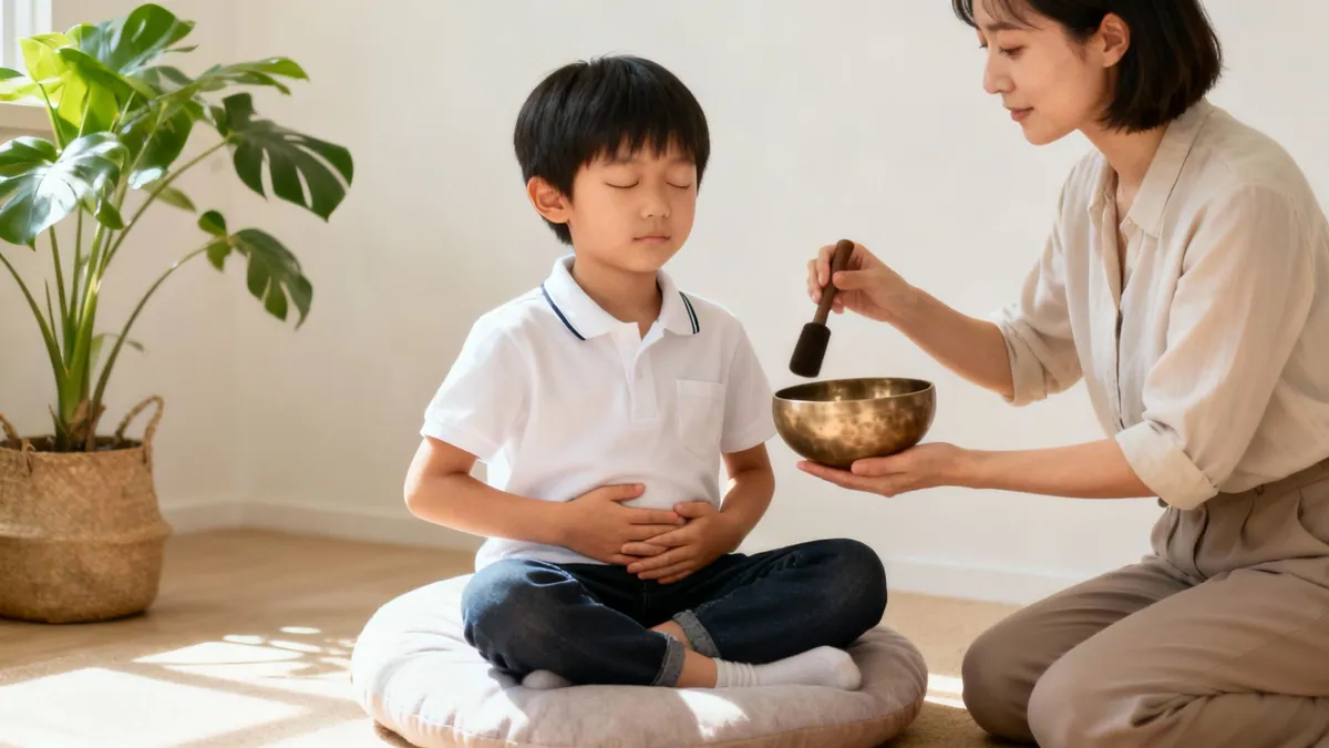 An adult plays a singing bowl for a child practicing mindful meditation at home.