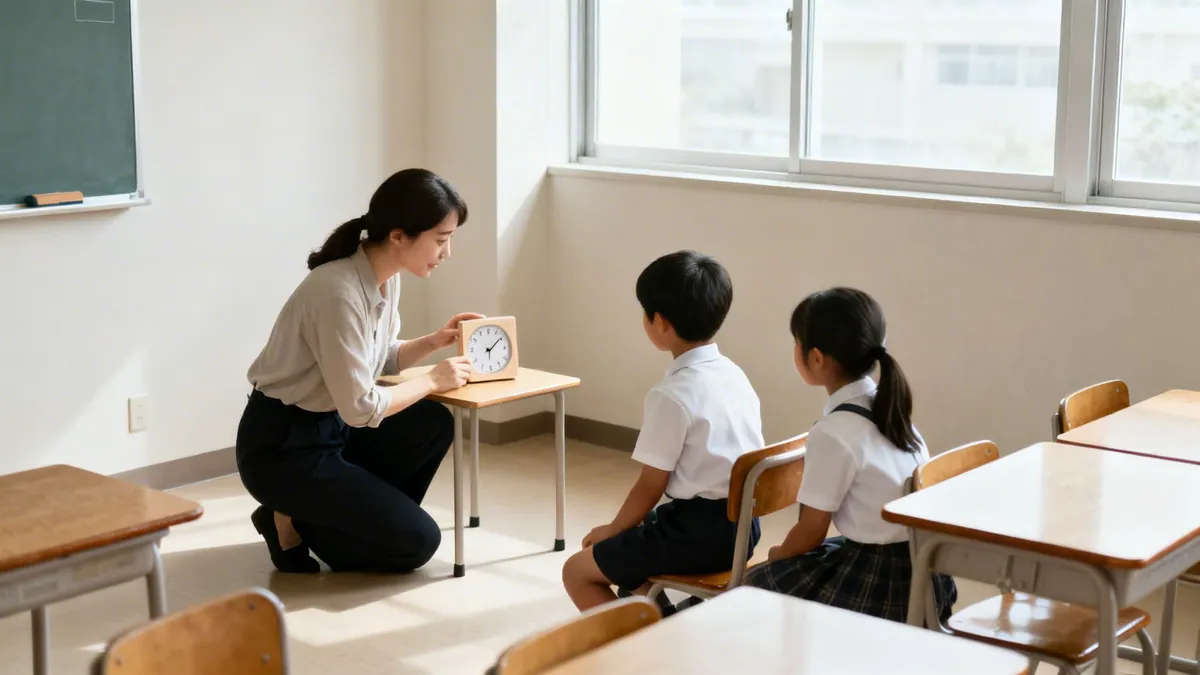 An adult teacher demonstrates a clock to two young students in a bright classroom setting.