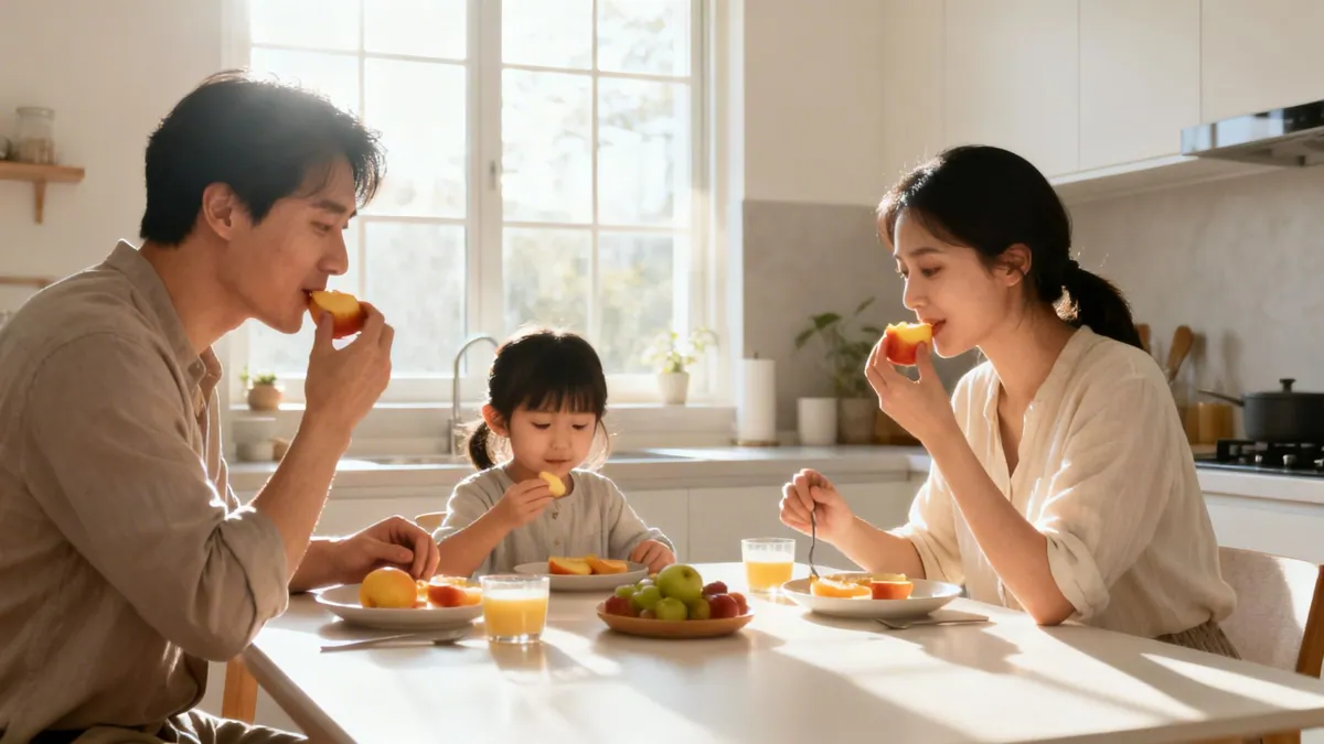 An Asian family enjoys a healthy breakfast with fruit and juice in a bright kitchen.