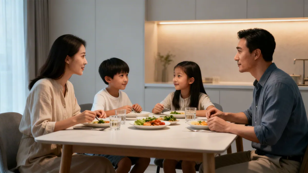 An Asian family of four (mother, father, son, daughter) having a pleasant dinner together at home.