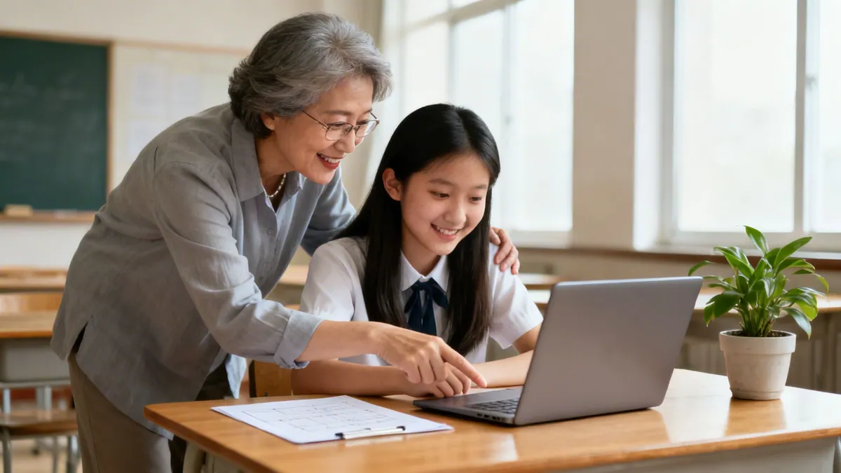 An elderly teacher helps a smiling student with a laptop in a bright classroom.