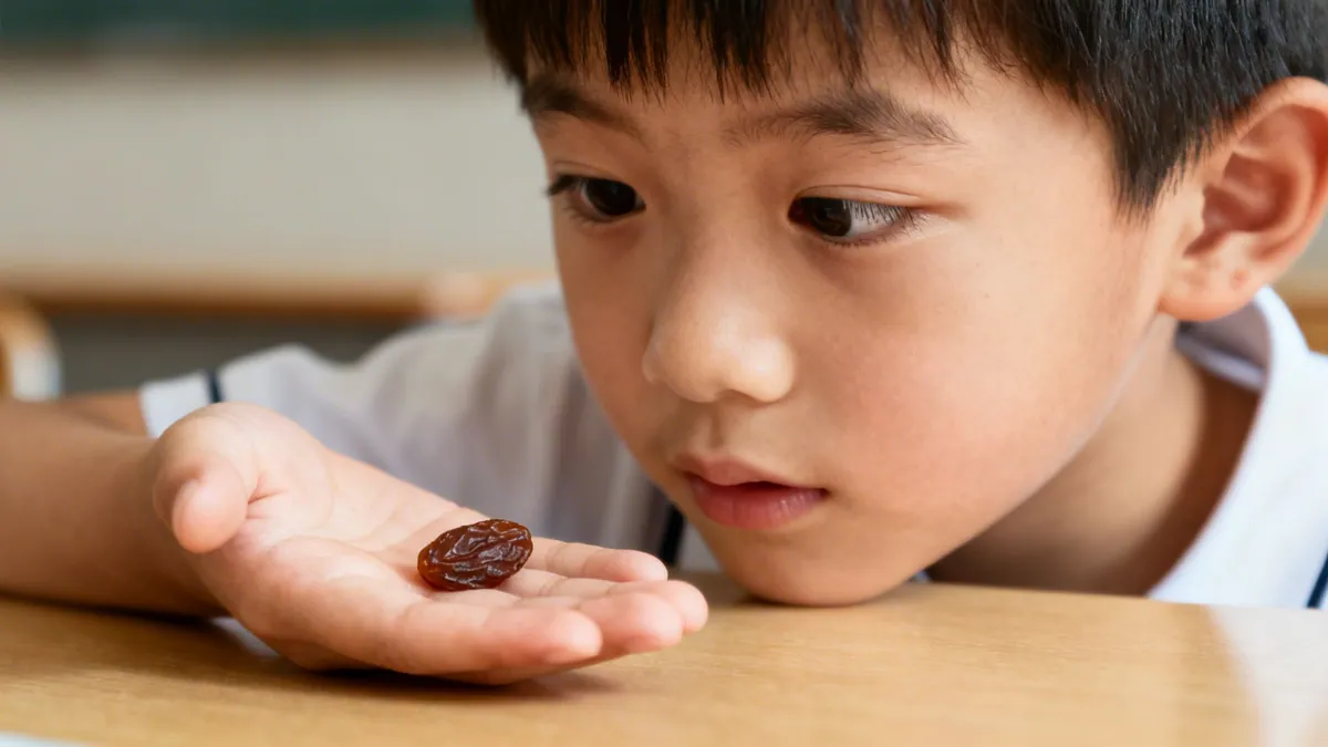 An elementary student carefully inspects a small raisin in his hand, practicing mindfulness.