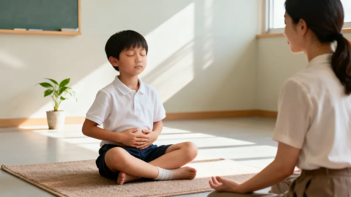 An elementary student practices deep breathing with a teacher during a SEL activity.
