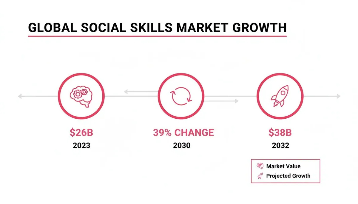 An infographic showing global social skills market growth from $26B in 2023 to $38B in 2032, with a 39% change by 2030.