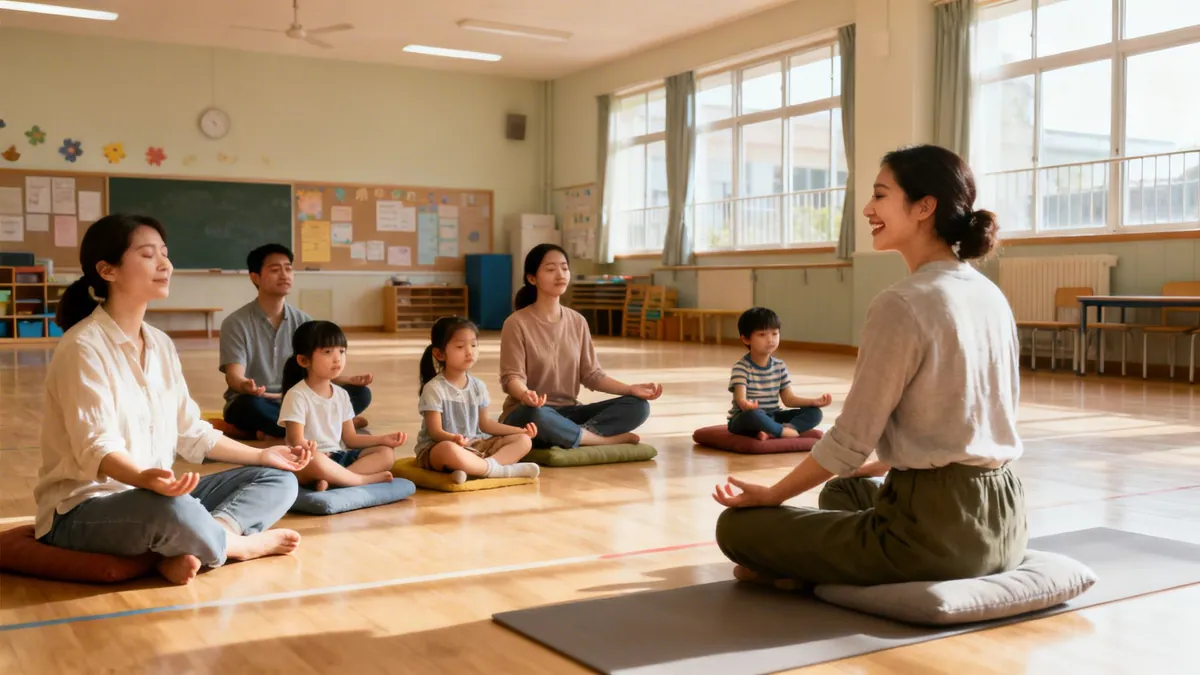 An instructor leads a diverse group of adults and children in a seated mindfulness session in a bright room.