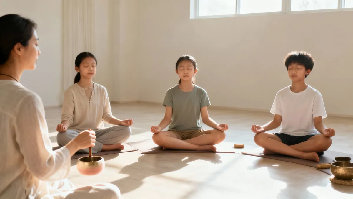 An instructor leads three children in a meditation session with a singing bowl in a bright room.