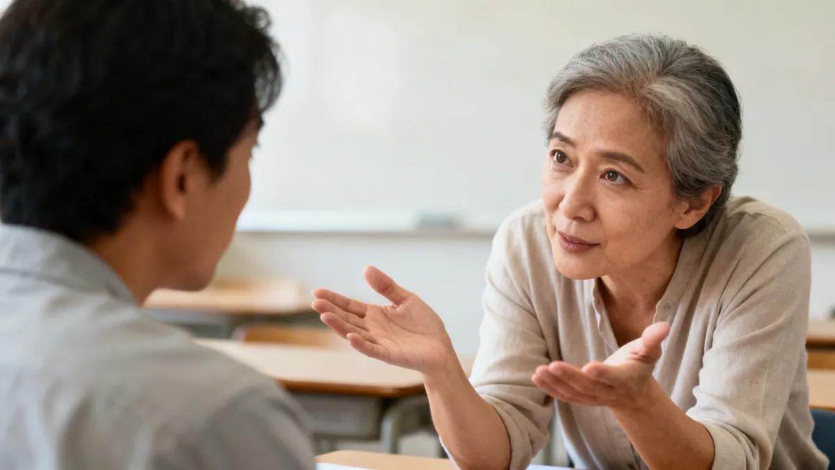 An older Asian woman with grey hair actively listens while speaking to a younger man in a classroom.