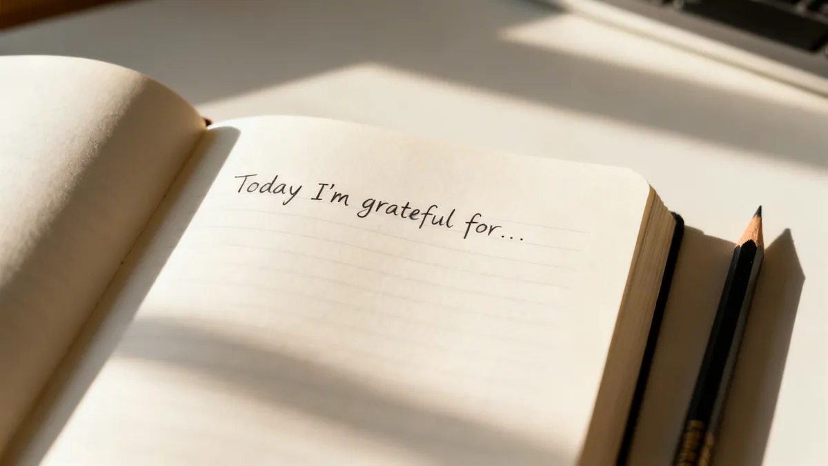 An open journal with 'Today I'm grateful for...' written on a page, next to a pencil.