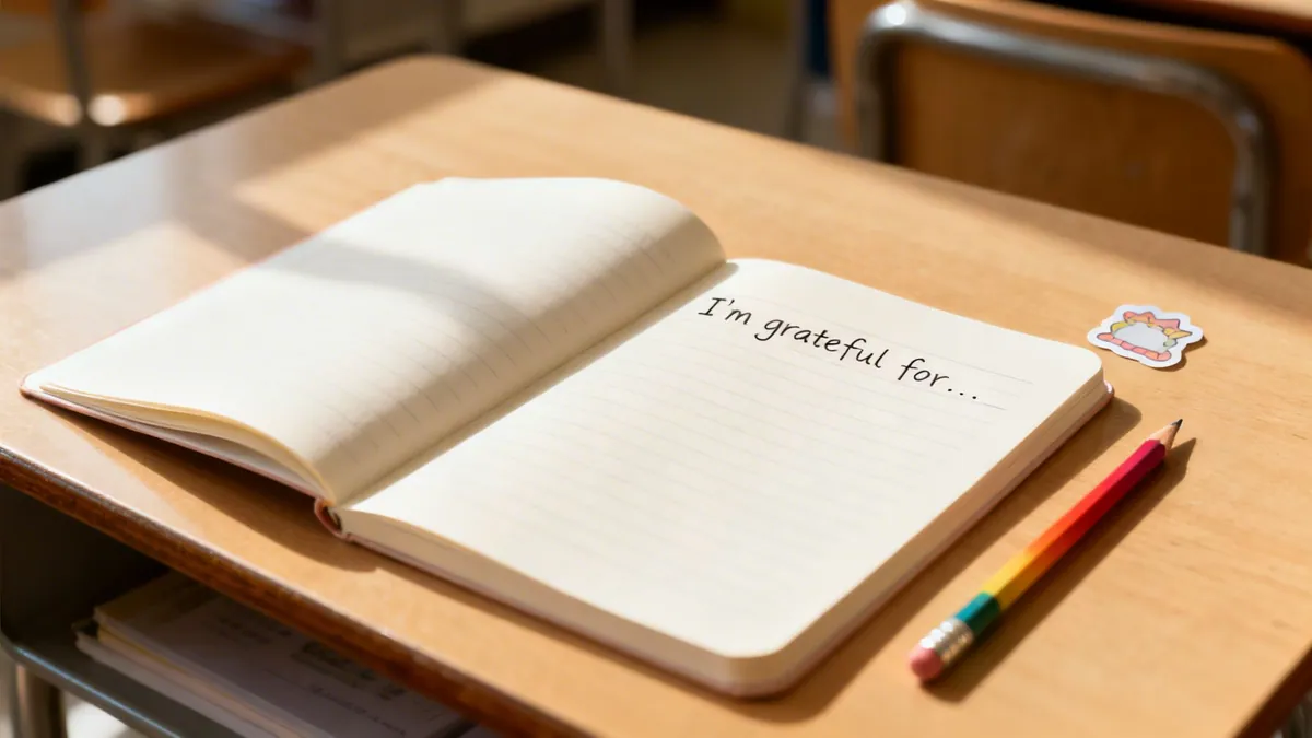 An open notebook on a wooden desk with 'I'm grateful for...' written inside, next to a rainbow pencil.