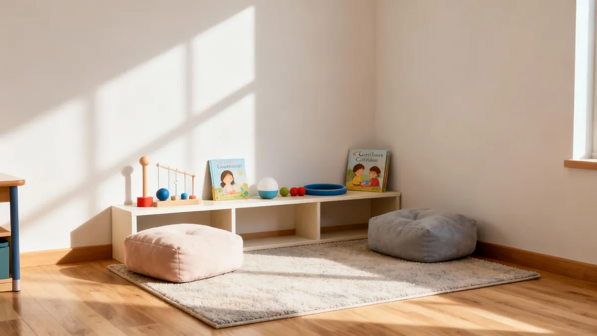 Bright play corner with wooden toys, children's books, soft cushions, and a rug on a wooden floor.
