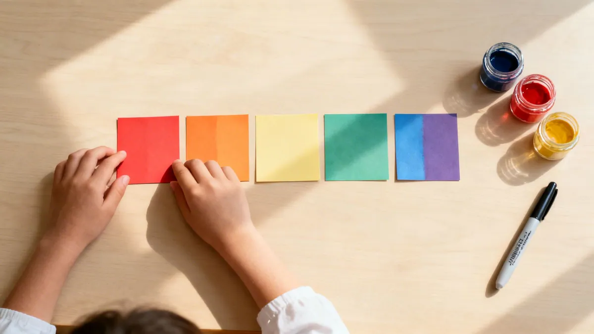 Child's hands arranging colorful paper squares in rainbow order on a wooden table with paints and marker.