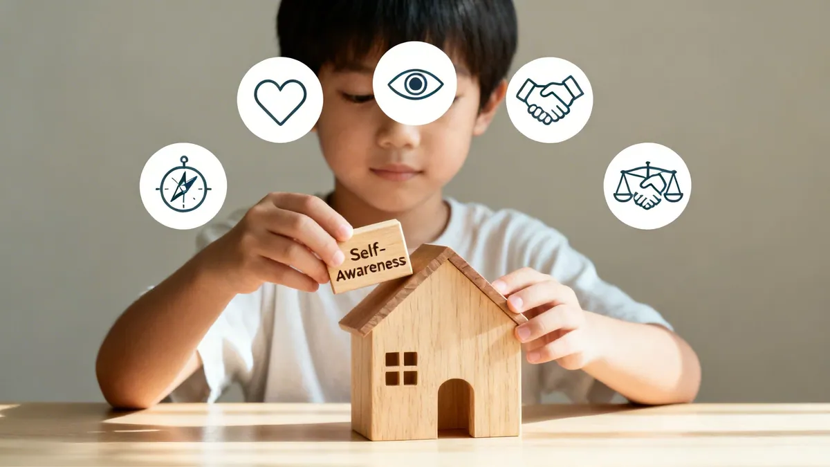 Child places 'Self-Awareness' block on a house, surrounded by icons for social-emotional development.