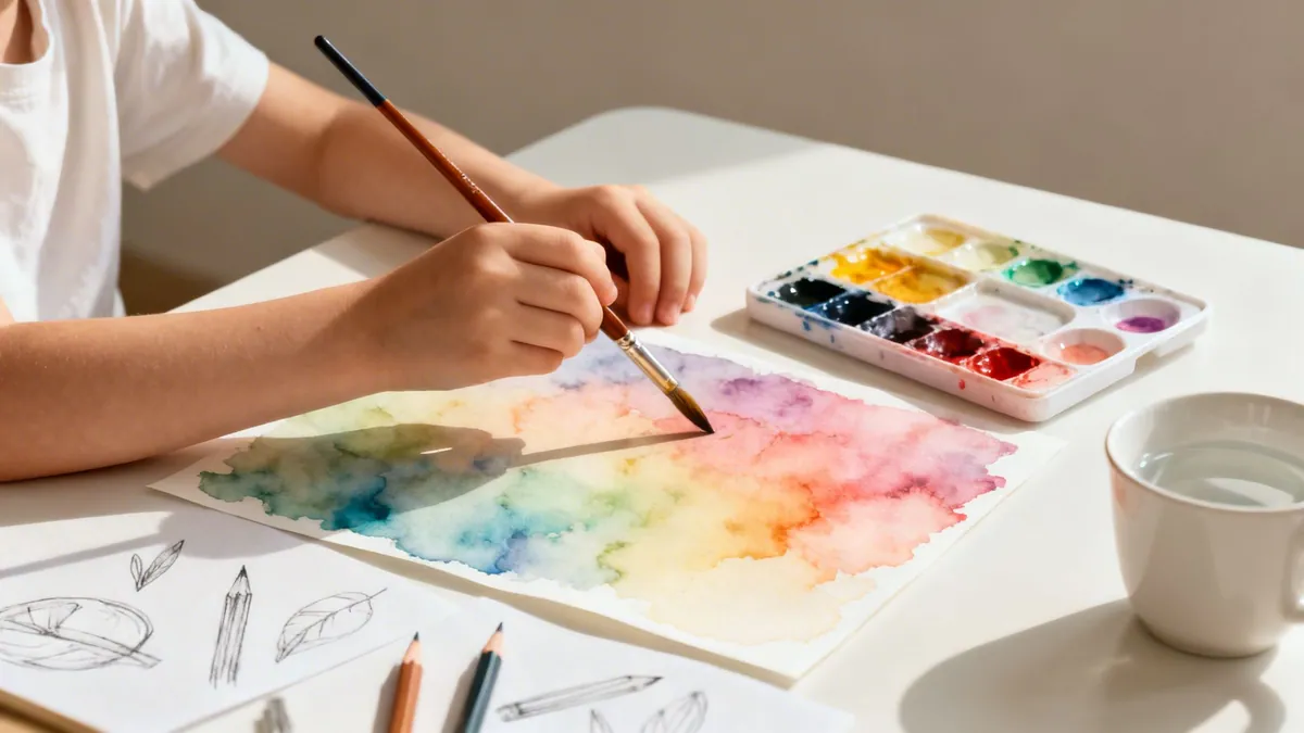 Child's hands painting a vibrant rainbow watercolor with a brush, palette, and water cup.