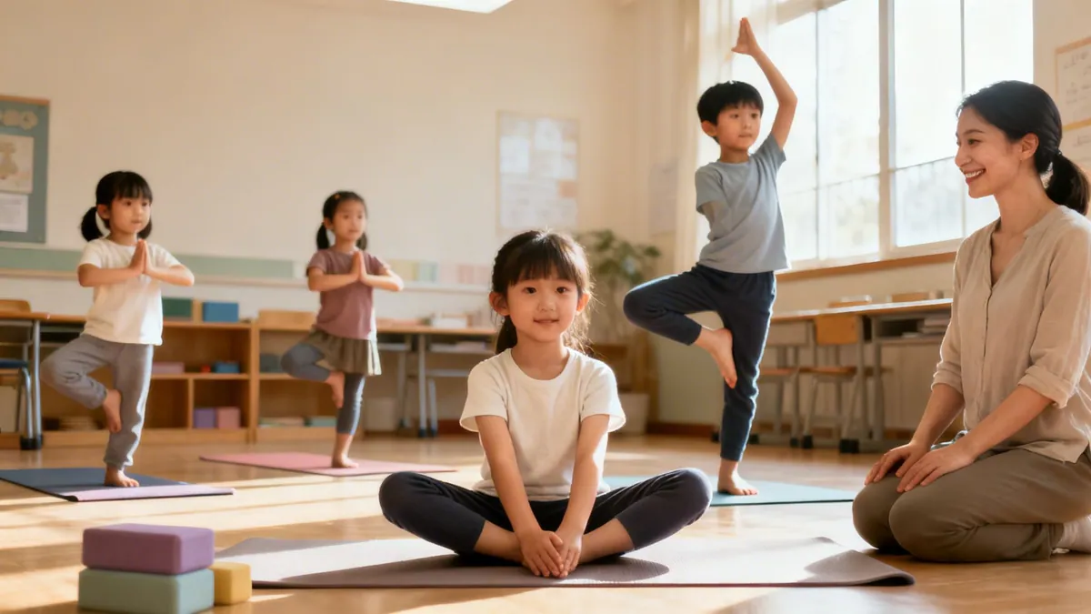 Children and a teacher practice various yoga poses and mindfulness activities in a bright classroom.