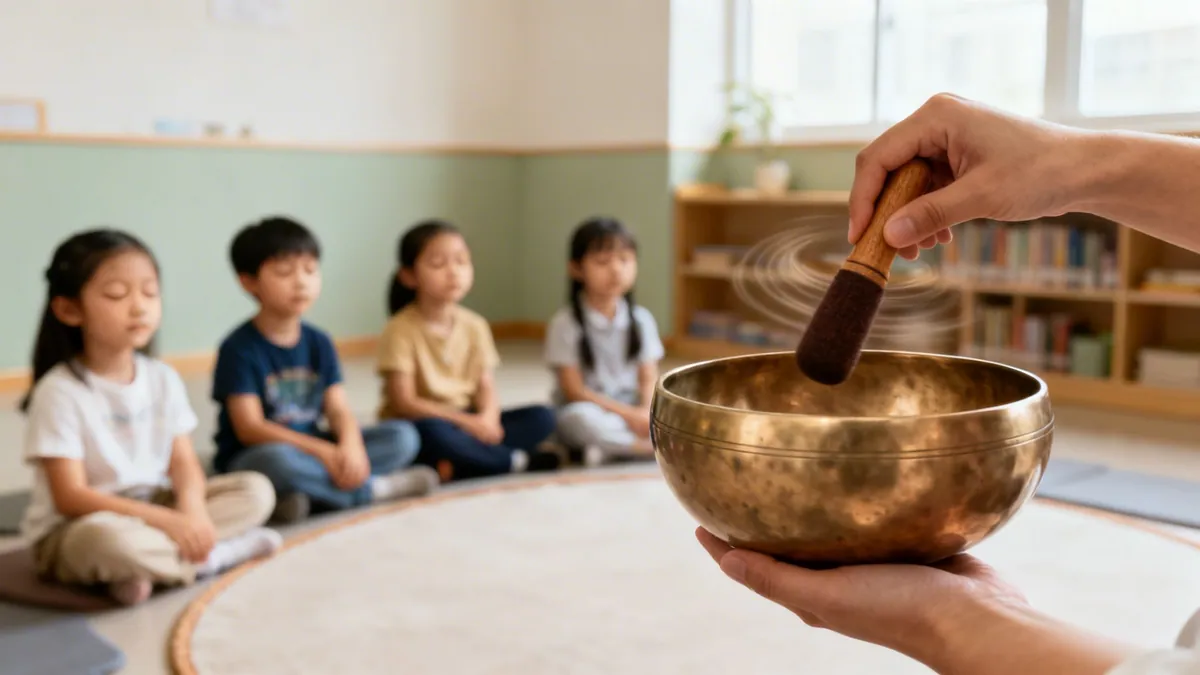 Children meditating calmly in a classroom, led by a person playing a singing bowl.