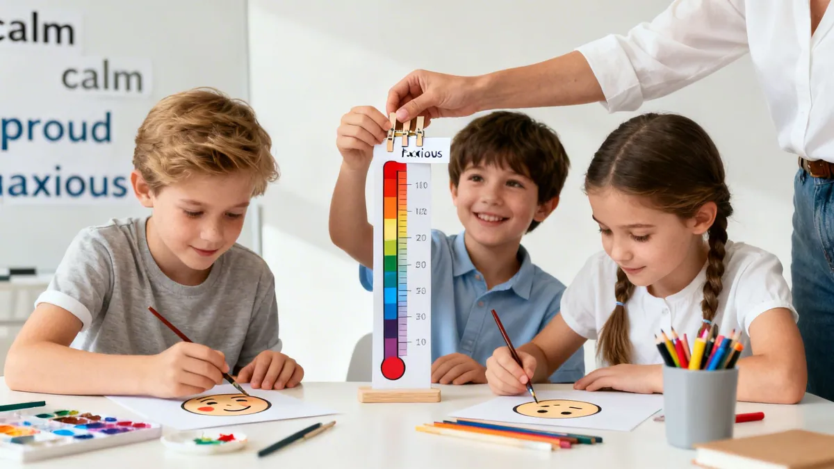 Children painting emojis and a teacher using a colorful feelings thermometer chart in a classroom.