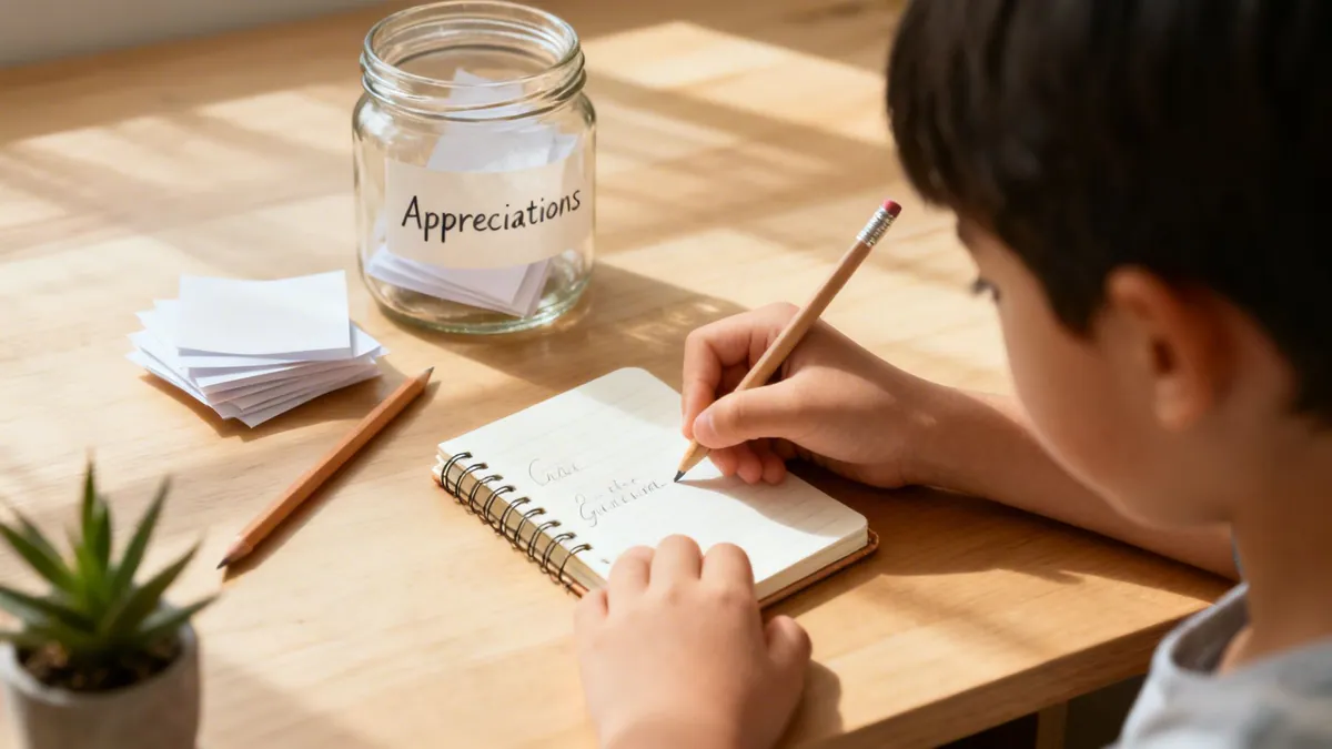 Close-up of a child writing in a notebook, with an 'Appreciations' jar nearby on a desk.