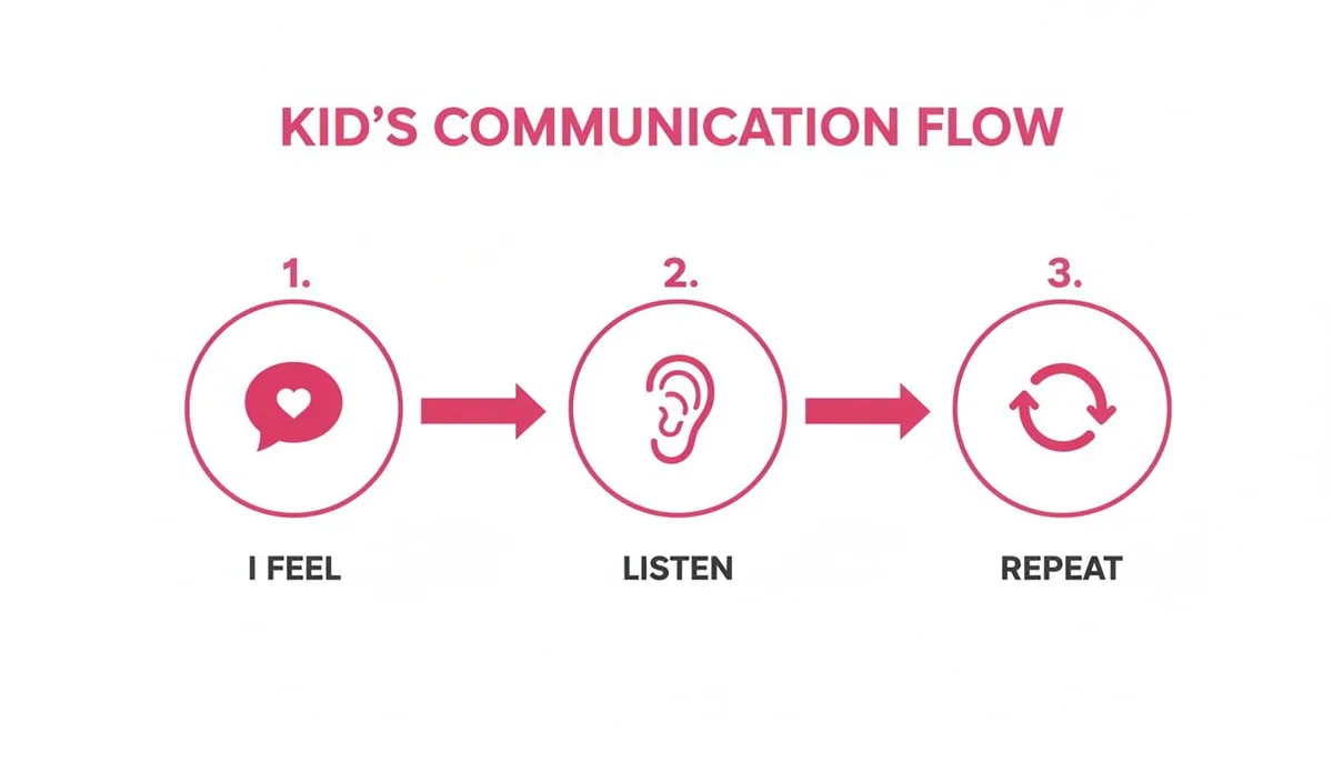 Diagram illustrating a kid's communication flow: 'I Feel,' 'Listen,' and 'Repeat' steps for healthy interaction.