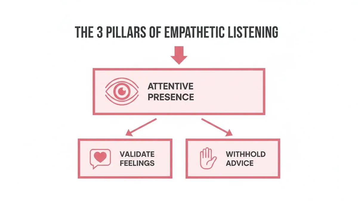 Diagram illustrating the 3 pillars of empathetic listening: attentive presence, validate feelings, and withhold advice.