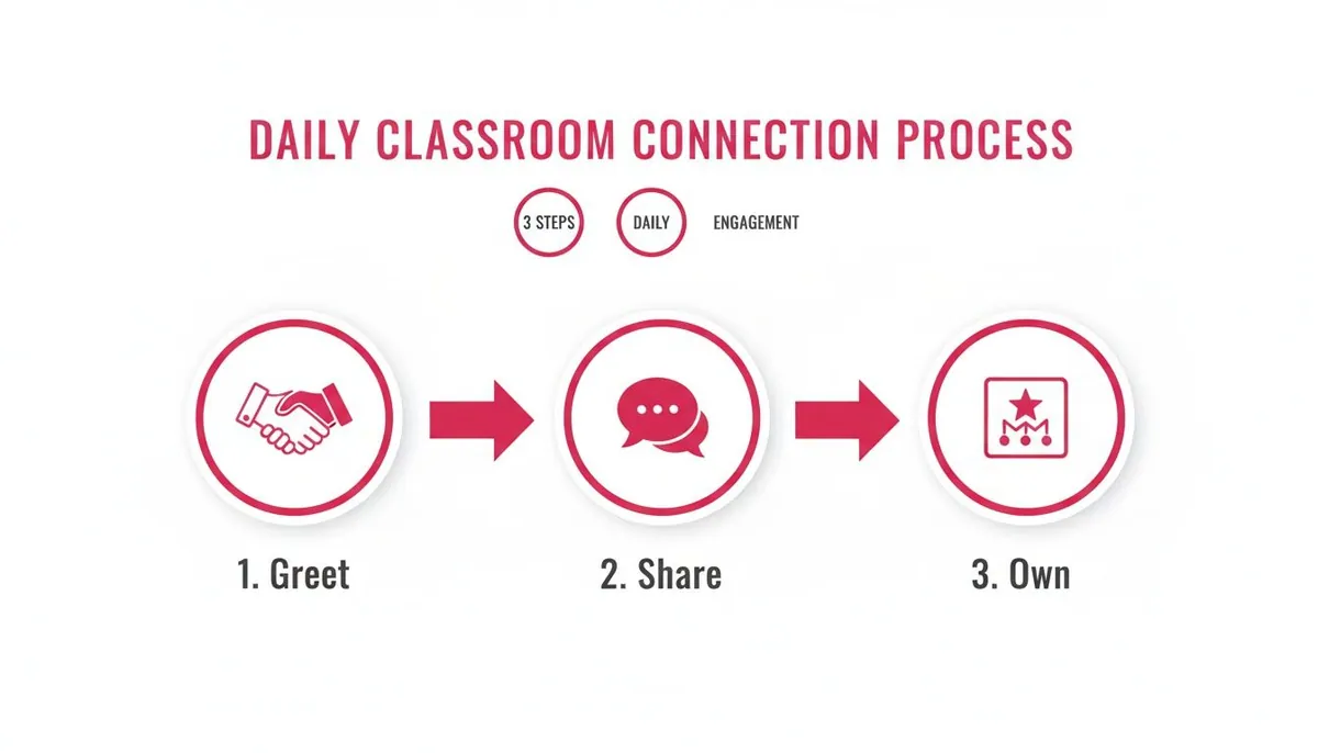 Diagram outlining a 3-step daily classroom connection process: Greet, Share, Own, emphasizing daily engagement.