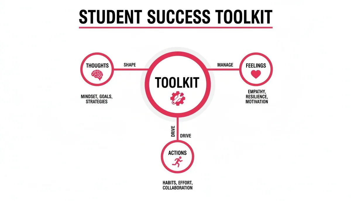 Diagram outlining a student success toolkit connecting thoughts, feelings, and actions for achievement.
