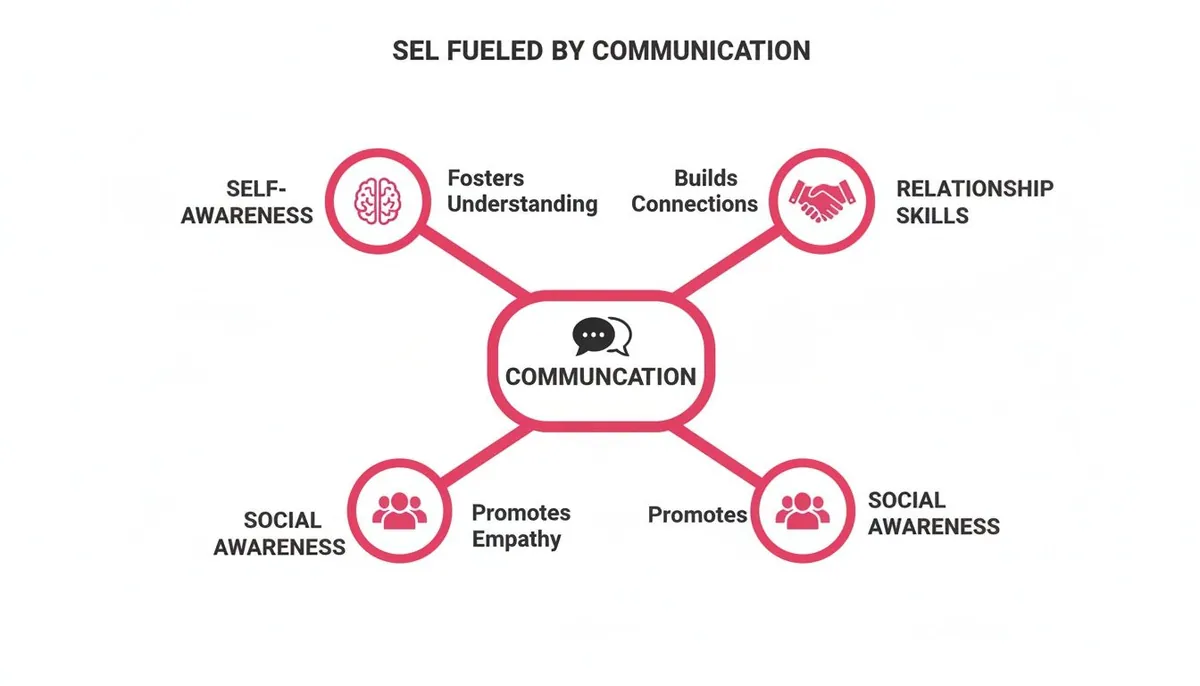 Diagram showing communication fueling self-awareness, relationship skills, and social awareness in an SEL framework.