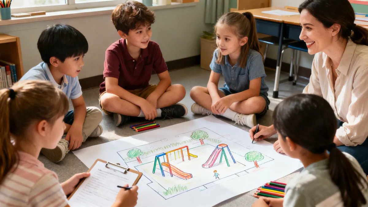 Diverse children and a teacher collaboratively drawing a playground design on the floor in a classroom.