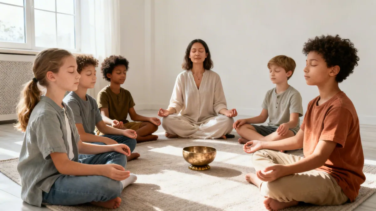 Diverse children and an adult meditate together in a circle with a singing bowl.