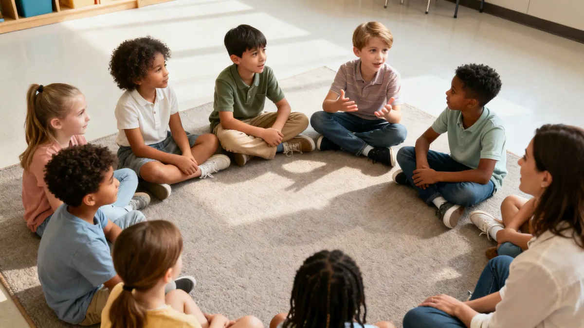 Diverse elementary students and teacher sit in a circle on a rug, engaged in a communication activity.