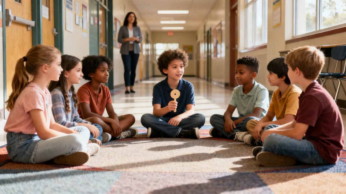 Diverse elementary students sit in a circle on a hallway floor, engaging in a group discussion.