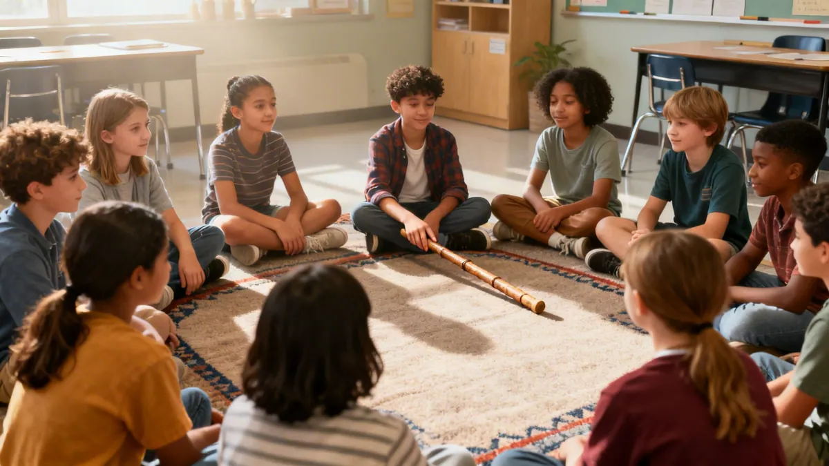 Diverse elementary students sit in a circle on a rug, participating in a classroom group activity.