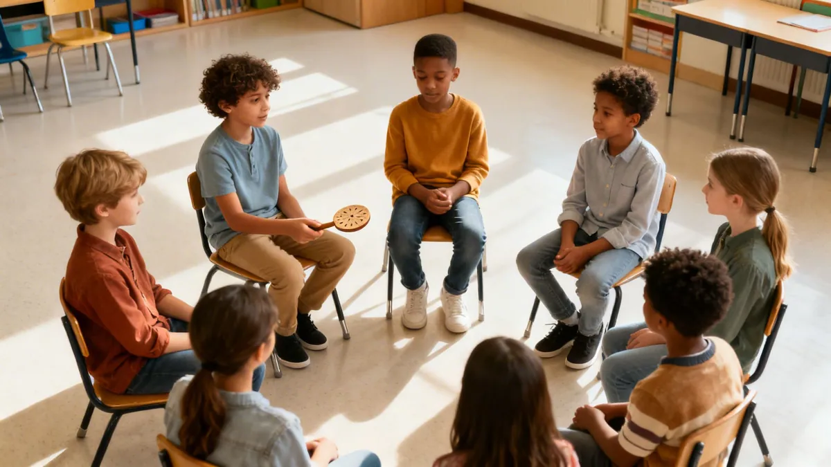 Diverse group of elementary students sitting in a circle, practicing active listening in class.