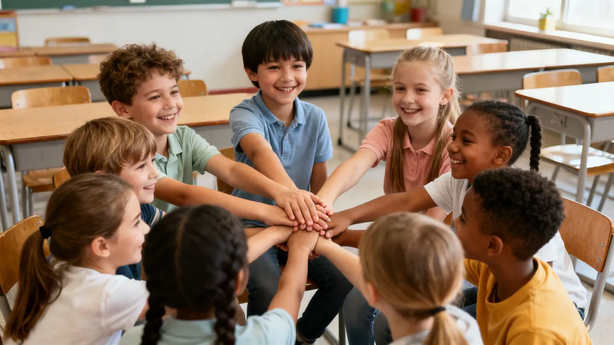 Diverse group of smiling elementary school kids stack hands in a classroom, showing teamwork.