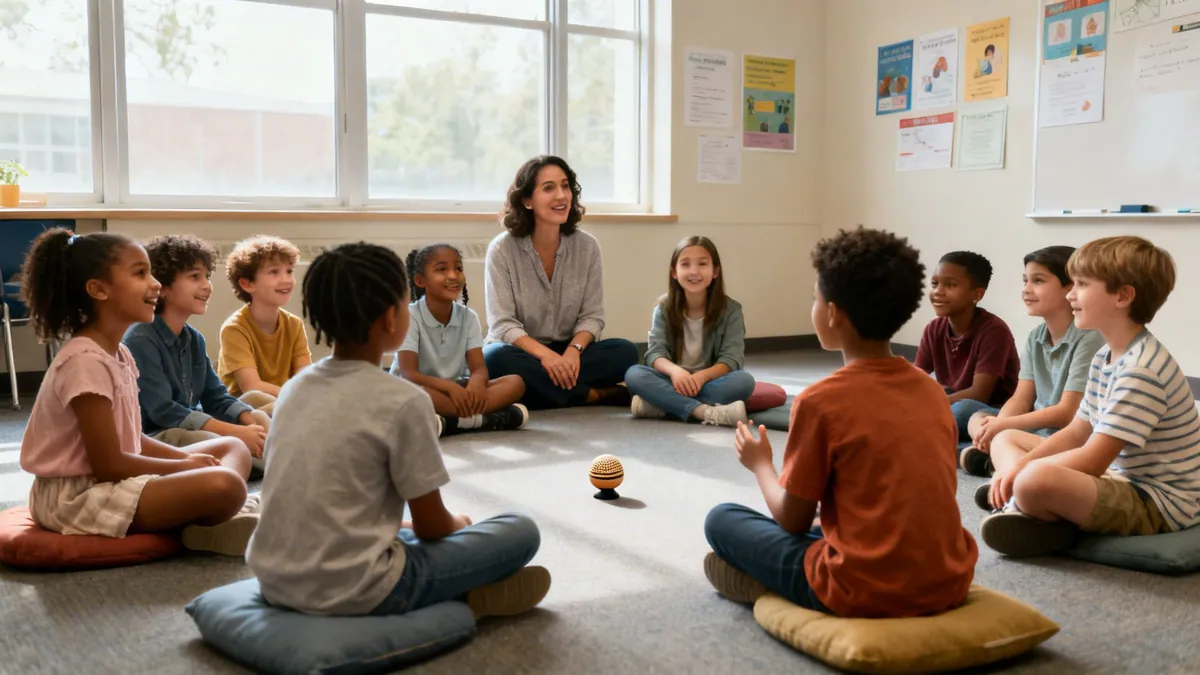 Diverse students and a teacher sit in a circle on the floor, engaged in a restorative circle discussion.