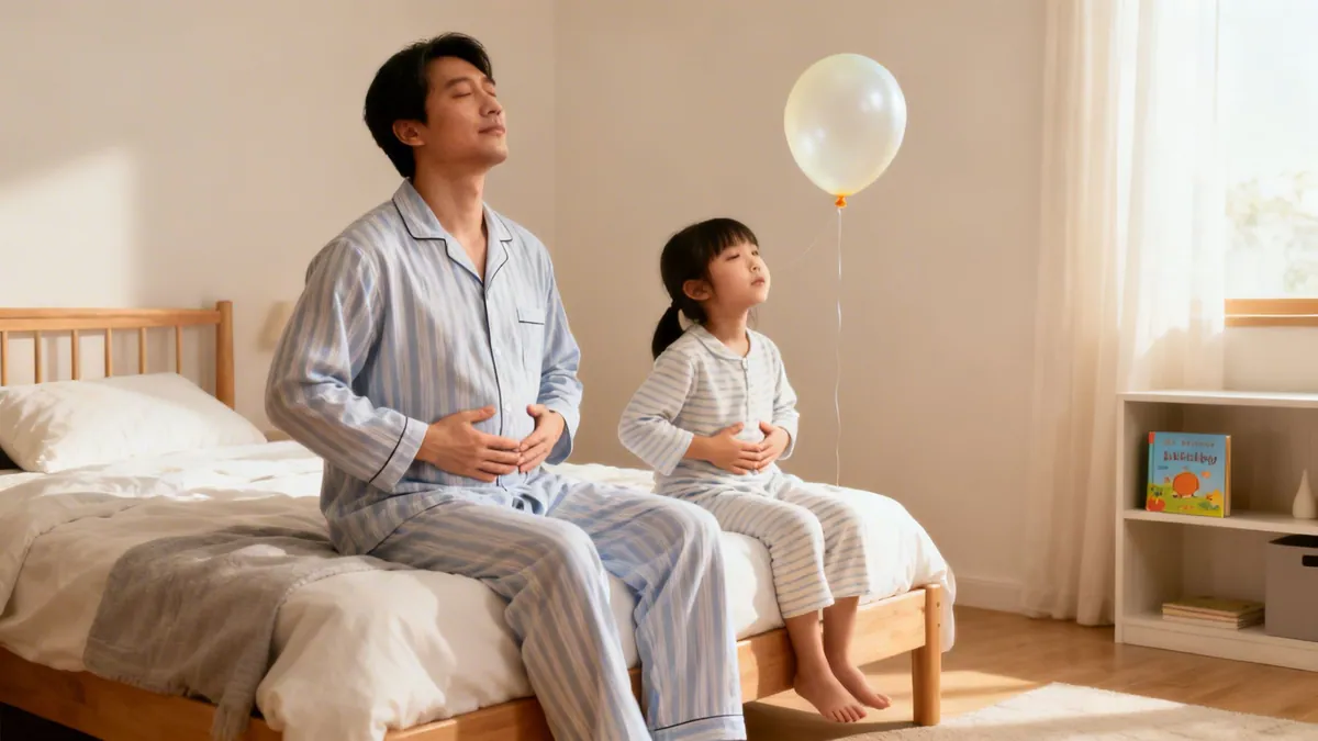 Father and daughter in pajamas practicing belly breathing on a bed in a bright bedroom.