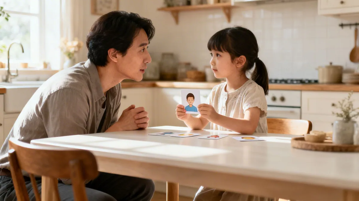 Father and daughter look at each other while learning with flashcards in a sunny kitchen.