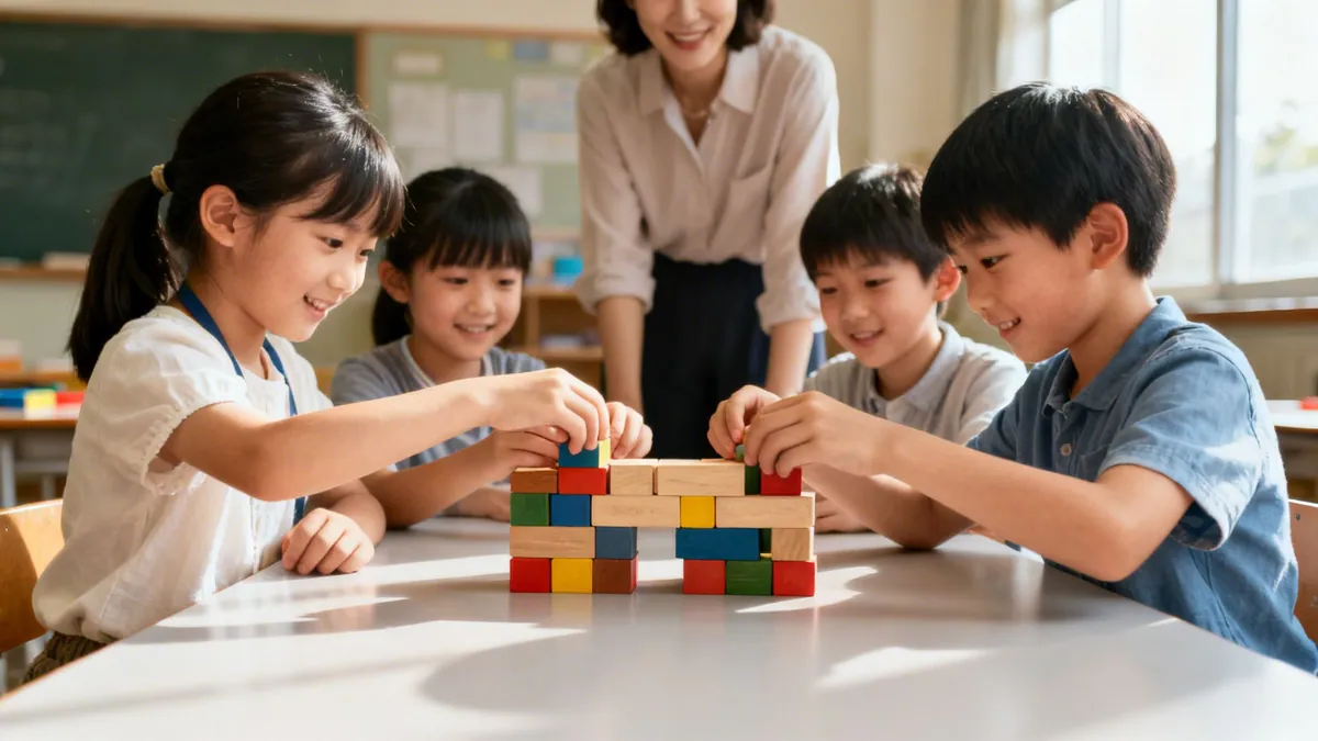 Four elementary students smiling and building with colorful wooden blocks in a bright classroom.