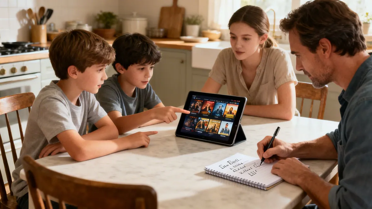 Four family members collaborate on choosing entertainment on a tablet in their bright kitchen.