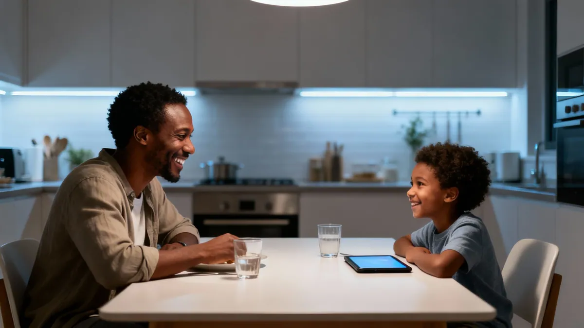 Happy father and son smiling at each other at a kitchen table with a tablet.
