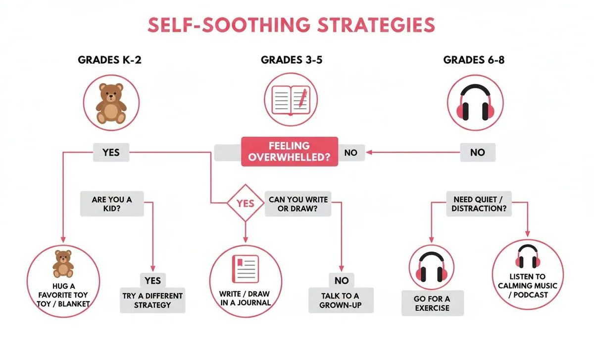 Infographic detailing self-soothing strategies for students in grades K-8 based on their needs.